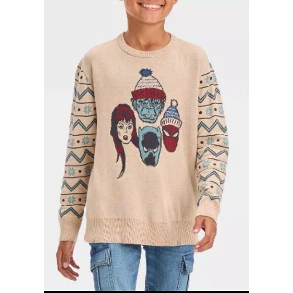 Disney 100 Anniversary Marvel Boy's Size X-Small Long Sleeve Holiday Sweater Tan